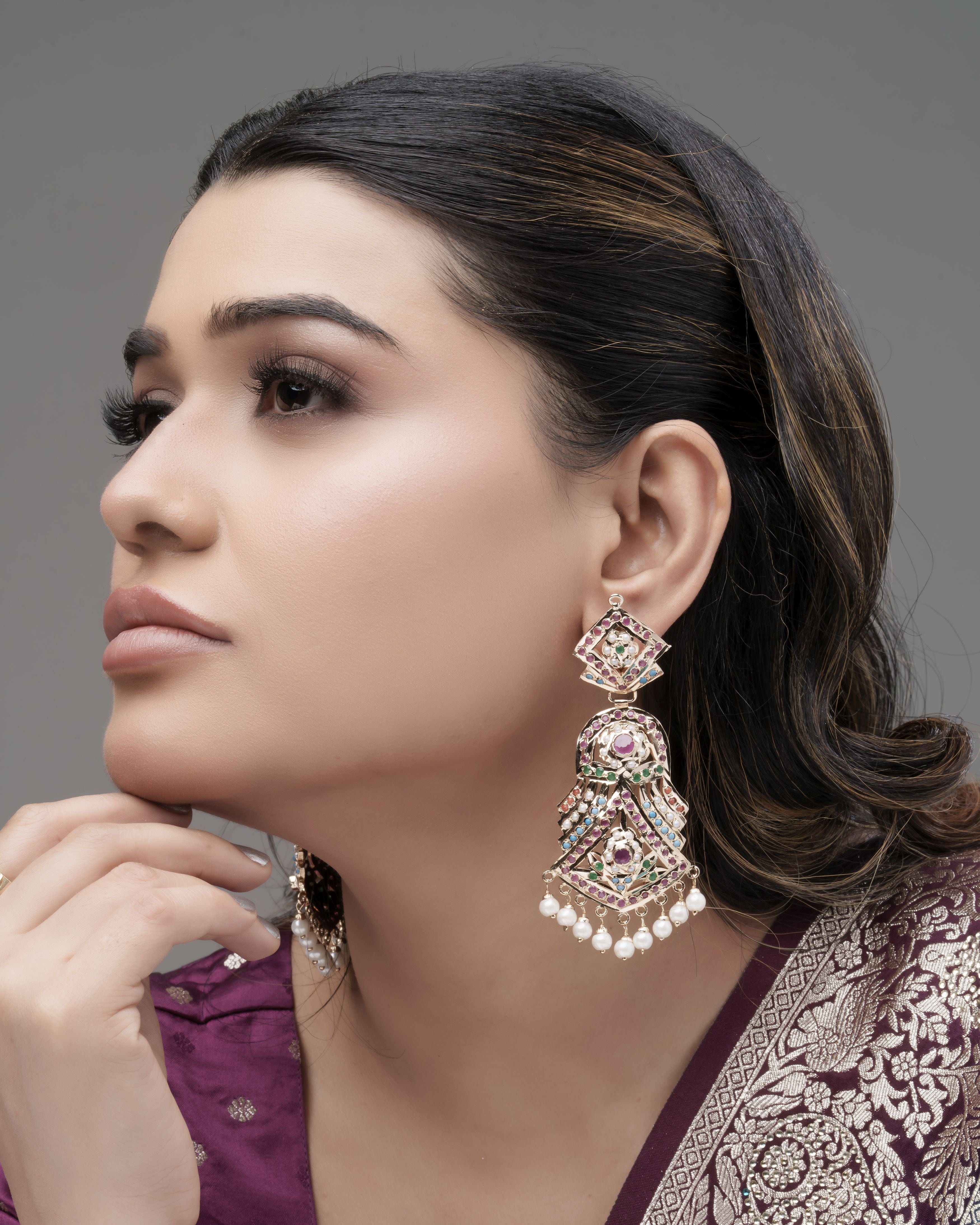Mataari Earrings Handmade Jadau Opulent Semi precious stones Chandelier Earrings with  Pearl Fringe