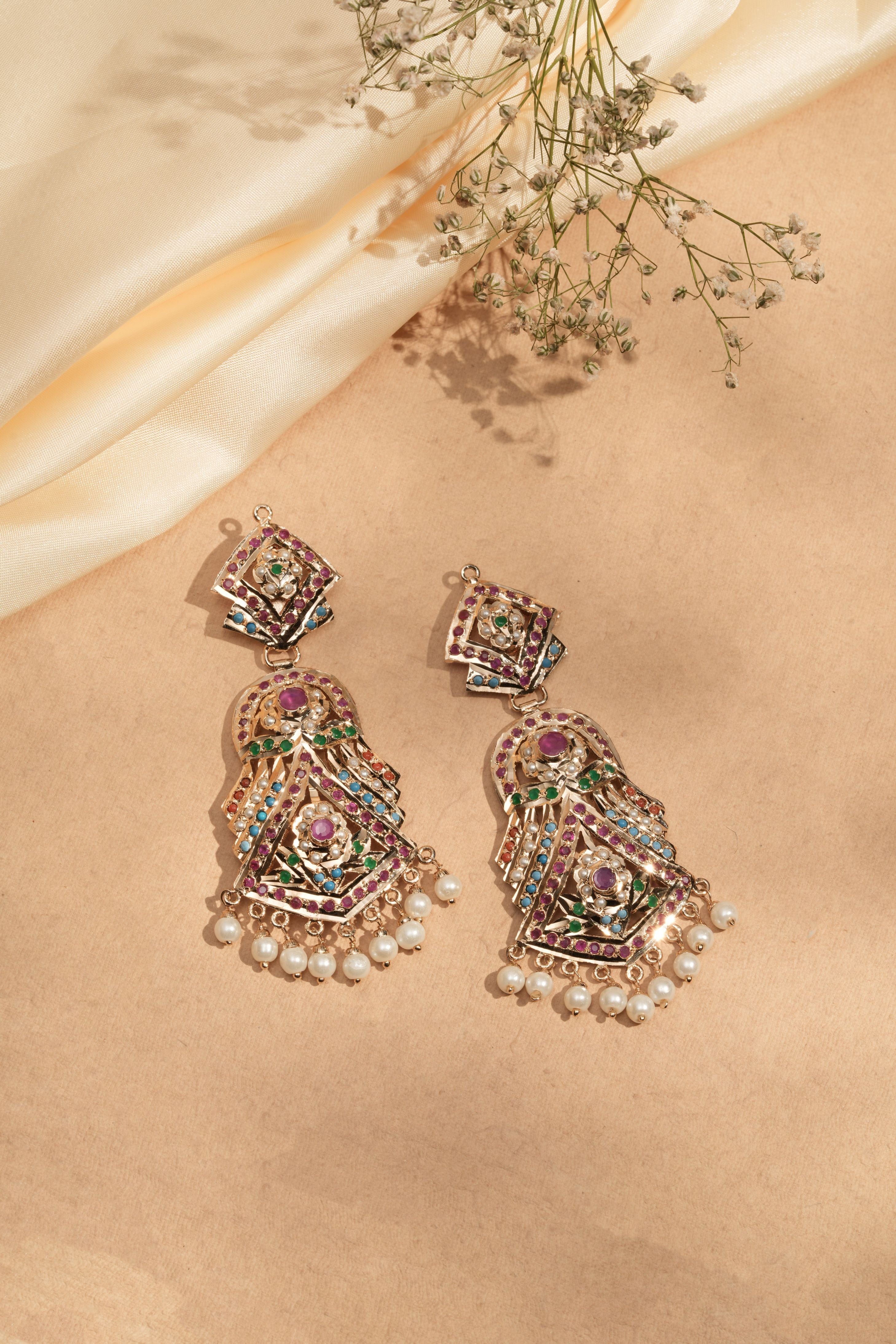 Mataari Earrings Handmade Jadau Opulent Semi precious stones Chandelier Earrings with  Pearl Fringe