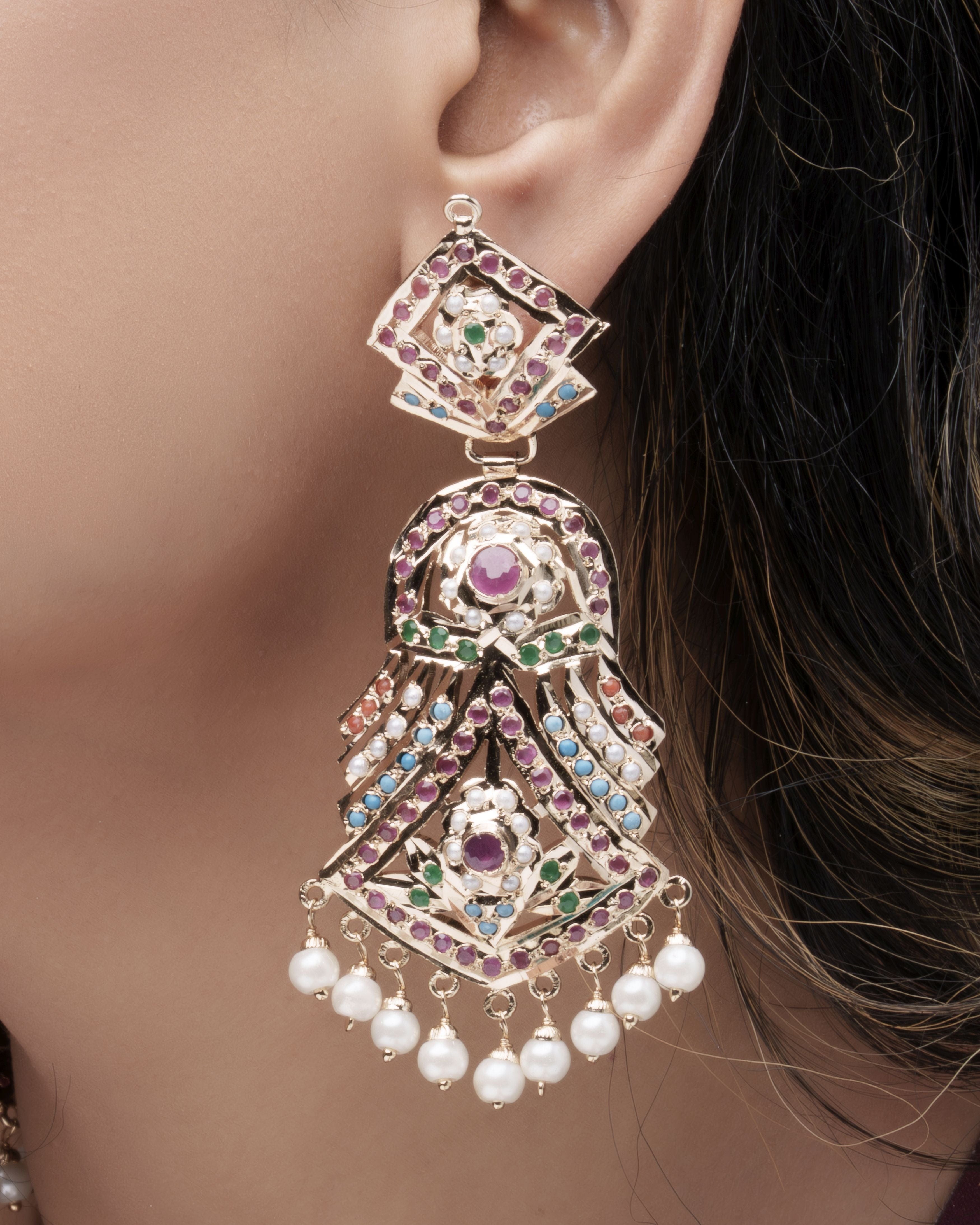 Mataari Earrings Handmade Jadau Opulent Semi precious stones Chandelier Earrings with  Pearl Fringe