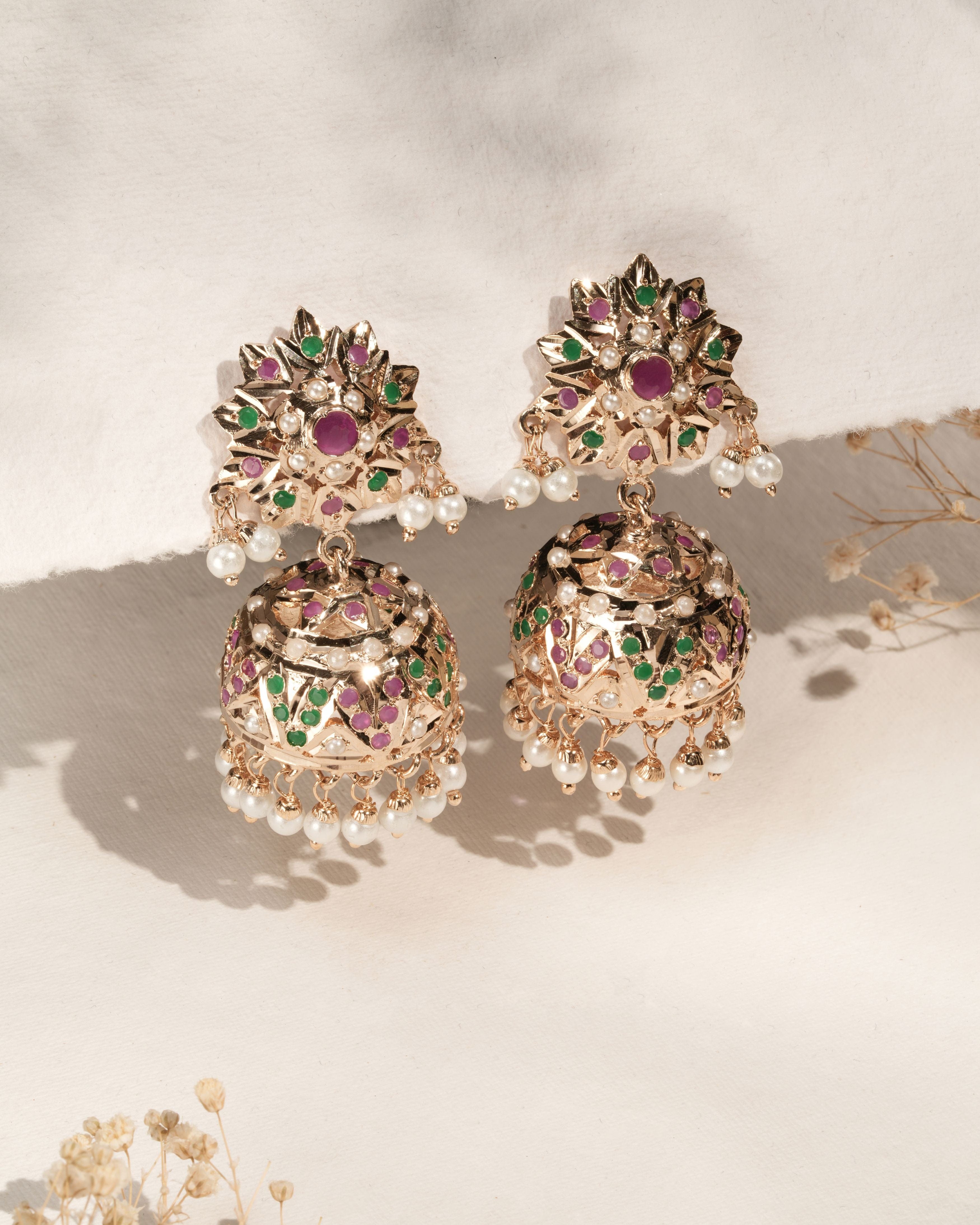 Mataari Earrings Handmade Regal Jadau Multicolor Jhumka Earrings with Pearl Fringe