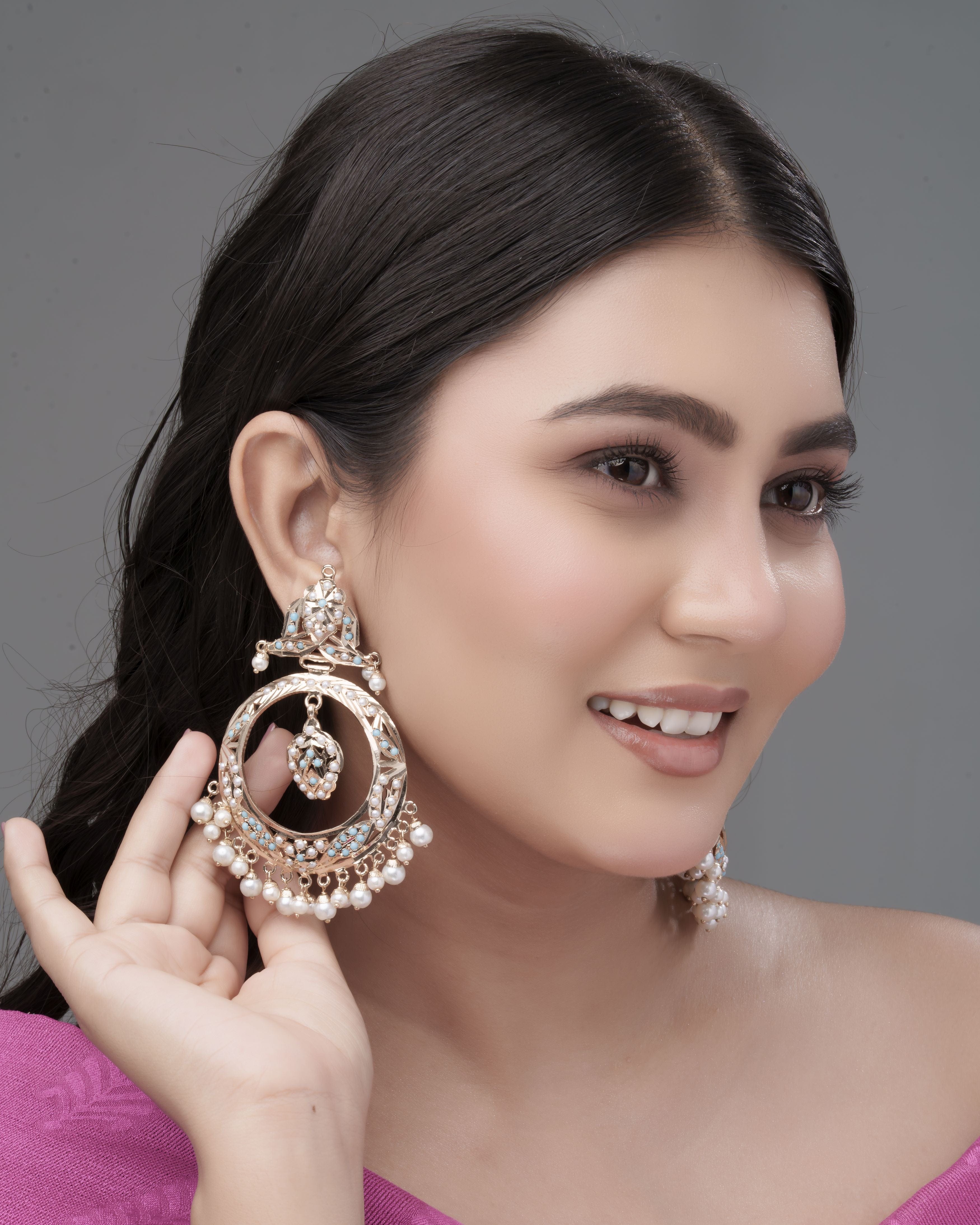 Mataari Earrings Handmade Teal Symphony Jadau Hoop Earrings with Pearl Fringe