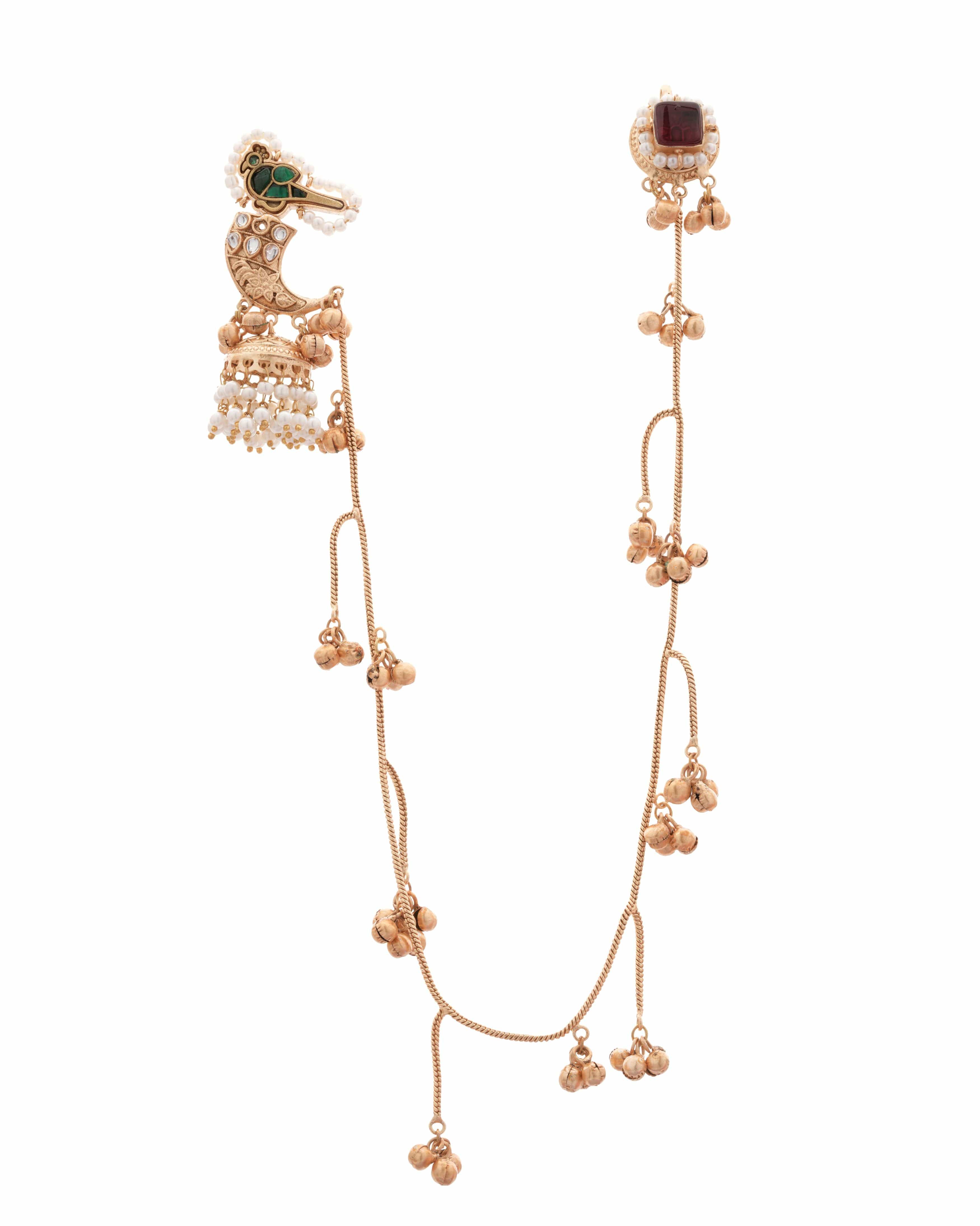 Mataari Earrings Handmade Unique Gold-Plated Temple Ear Tops with Double Layer Bead Chain – Rose Pink Stone Centerpiece