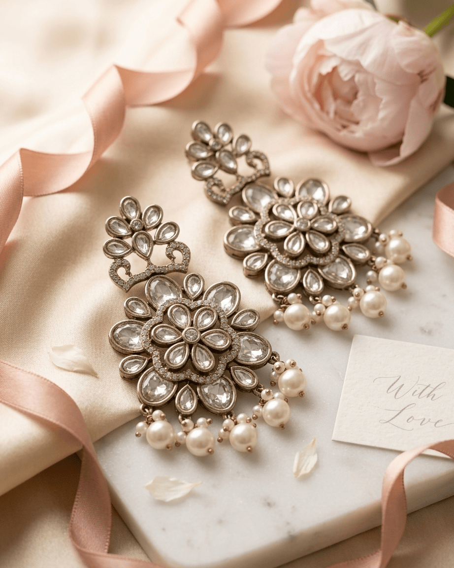 Mataari Earrings Kundan Flower Gold Plated Polki Moissanite Chandbali Pearl Drop Earrings