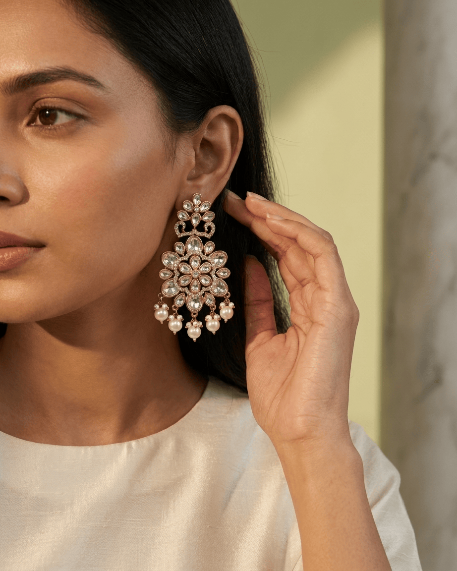 Mataari Earrings Kundan Flower Gold Plated Polki Moissanite Chandbali Pearl Drop Earrings