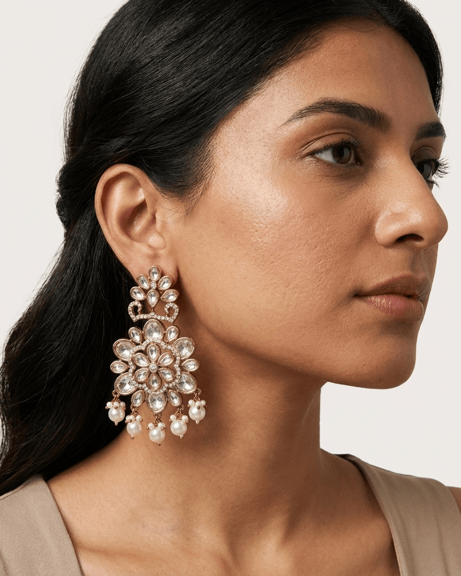 Mataari Earrings Kundan Flower Gold Plated Polki Moissanite Chandbali Pearl Drop Earrings