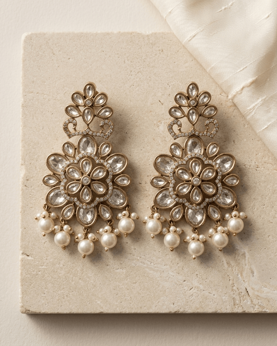 Mataari Earrings Kundan Flower Gold Plated Polki Moissanite Chandbali Pearl Drop Earrings