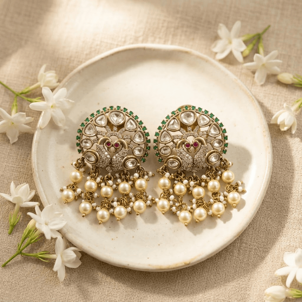 Mataari Earrings Peacock Kundan Antique Gold Polki Pearl Drop Emerald Stud Earrings