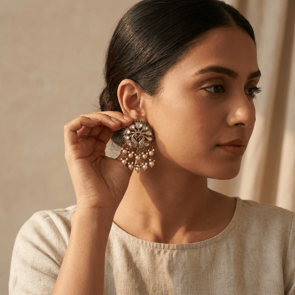 Mataari Earrings Peacock Kundan Antique Gold Polki Pearl Drop Emerald Stud Earrings
