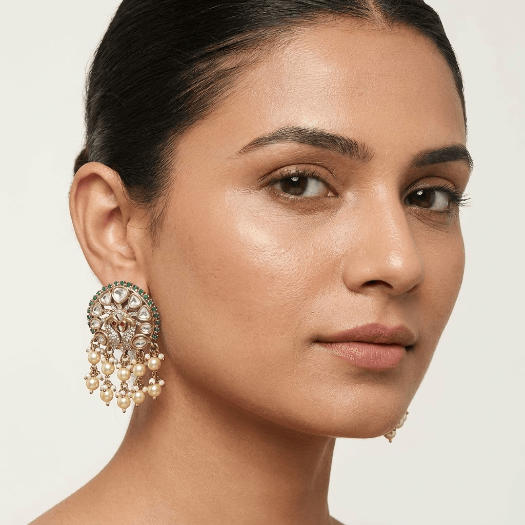 Mataari Earrings Peacock Kundan Antique Gold Polki Pearl Drop Emerald Stud Earrings