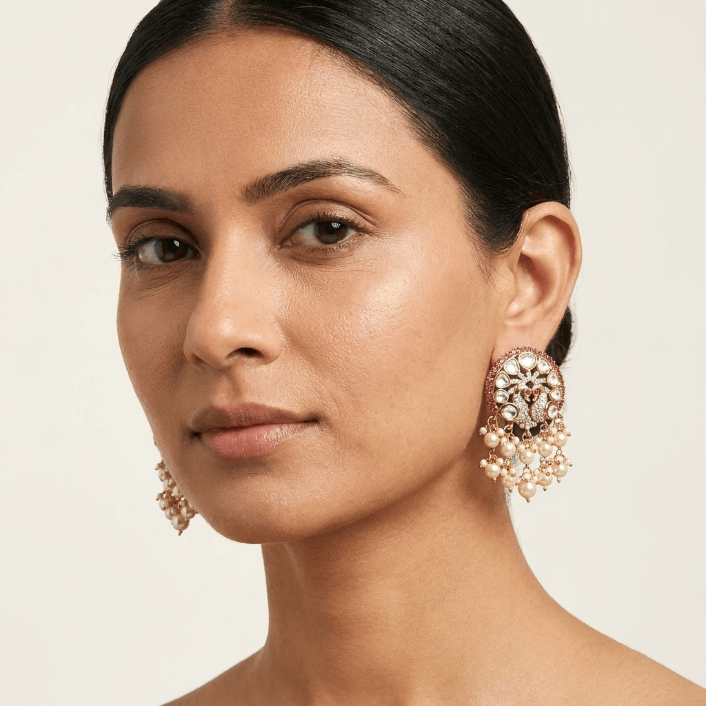 Mataari Earrings Peacock Kundan Antique Gold Polki Pearl Drop Emerald Stud Earrings