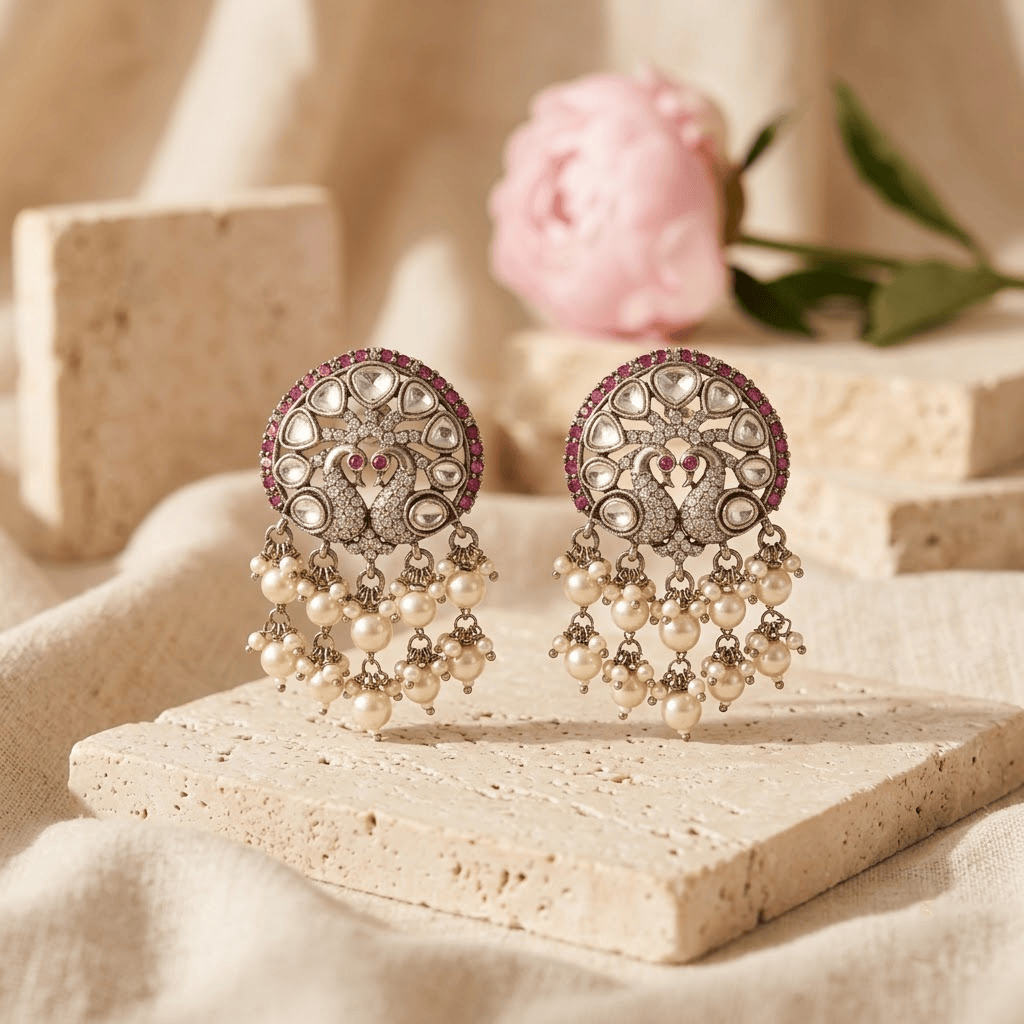 Mataari Earrings Peacock Kundan Antique Gold Polki Pearl Drop Emerald Stud Earrings