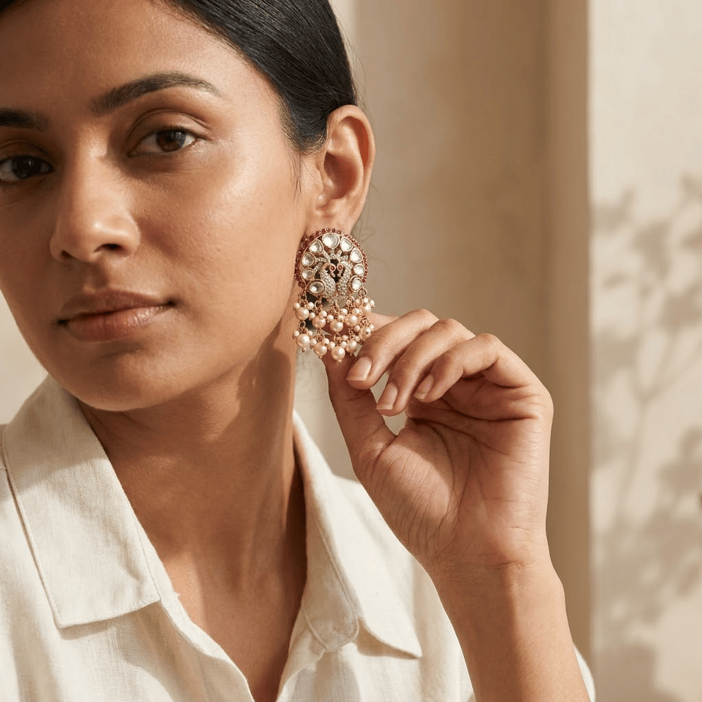Mataari Earrings Peacock Kundan Antique Gold Polki Pearl Drop Emerald Stud Earrings