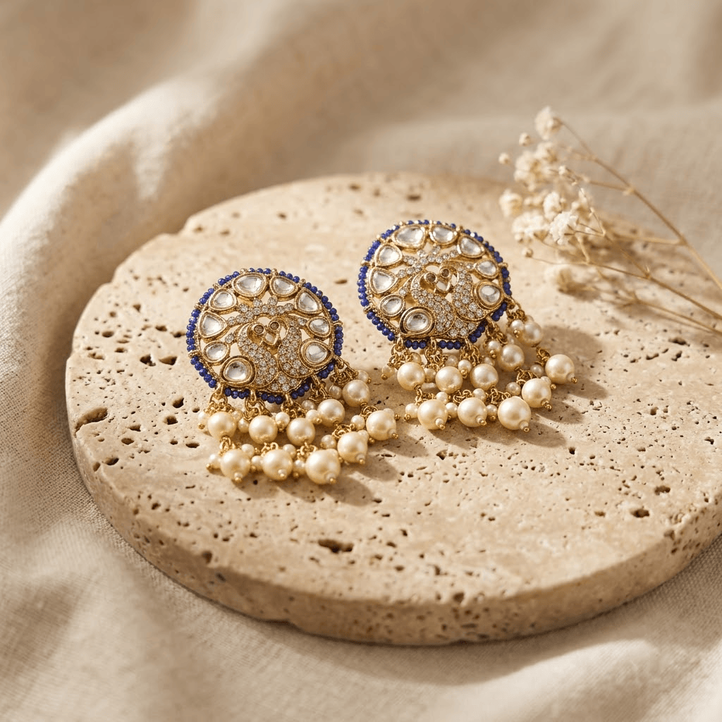 Mataari Earrings Peacock Kundan Antique Gold Polki Pearl Drop Emerald Stud Earrings