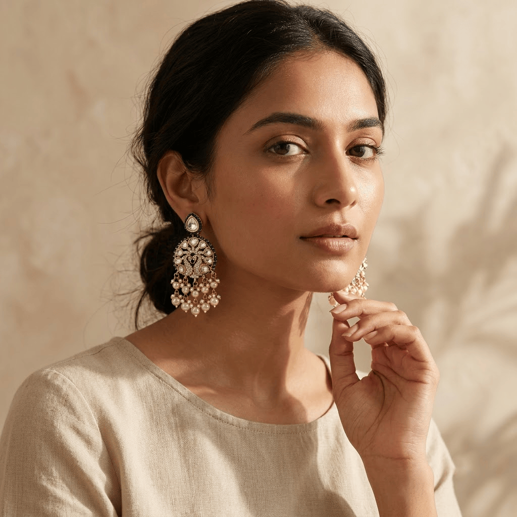 Mataari Earrings Peacock Kundan Antique Gold Polki Pearl Drop Emerald Stud Earrings