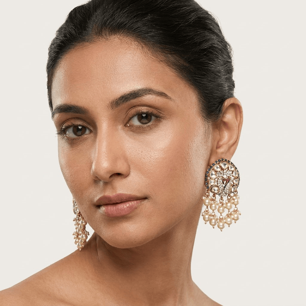 Mataari Earrings Peacock Kundan Antique Gold Polki Pearl Drop Emerald Stud Earrings