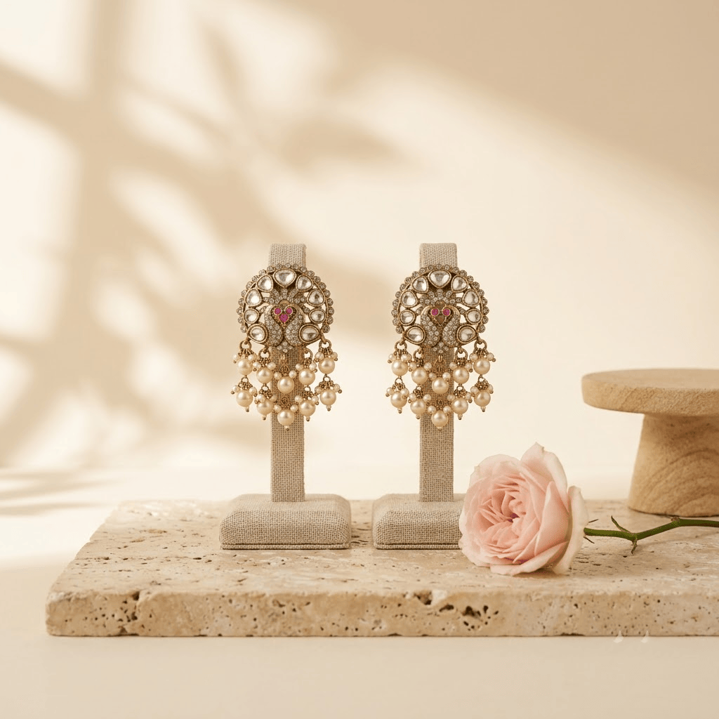 Mataari Earrings Peacock Kundan Antique Gold Polki Pearl Drop Emerald Stud Earrings