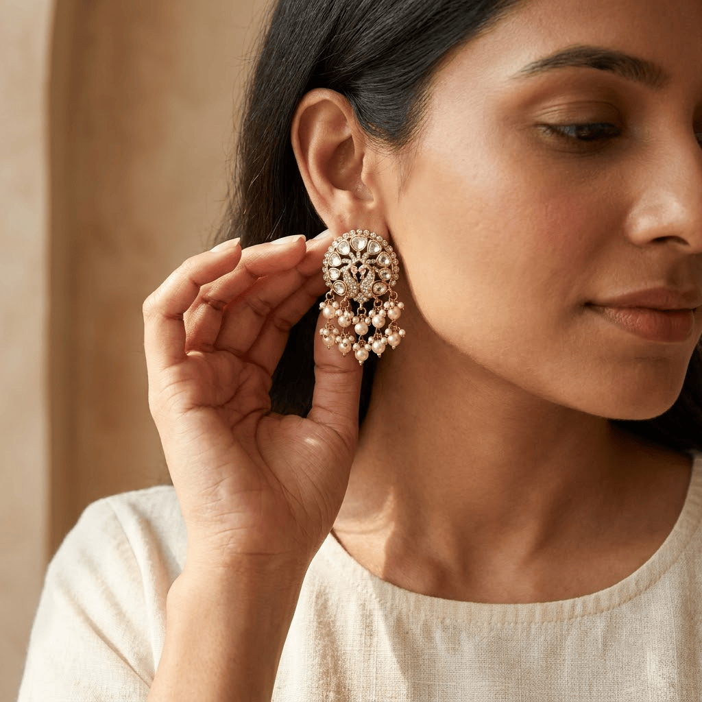 Mataari Earrings Peacock Kundan Antique Gold Polki Pearl Drop Emerald Stud Earrings