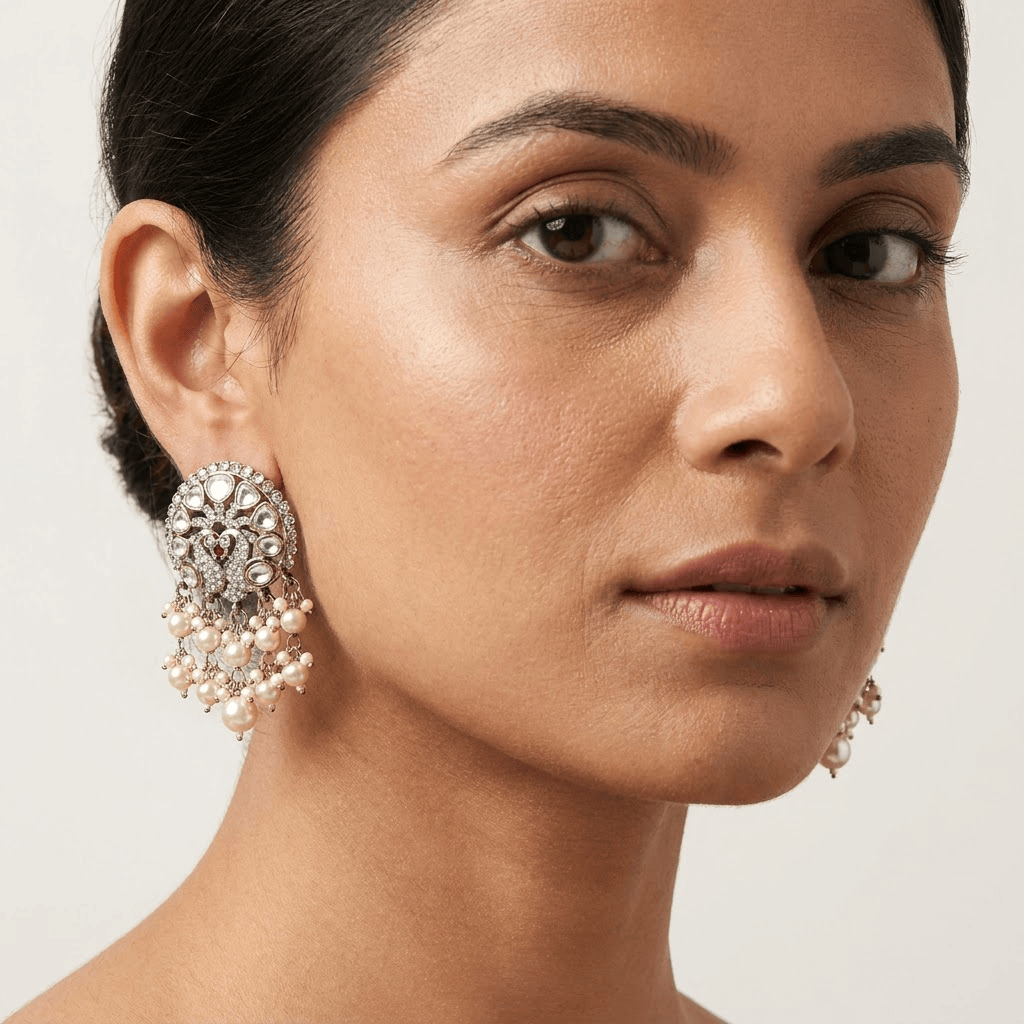 Mataari Earrings Peacock Kundan Antique Gold Polki Pearl Drop Emerald Stud Earrings