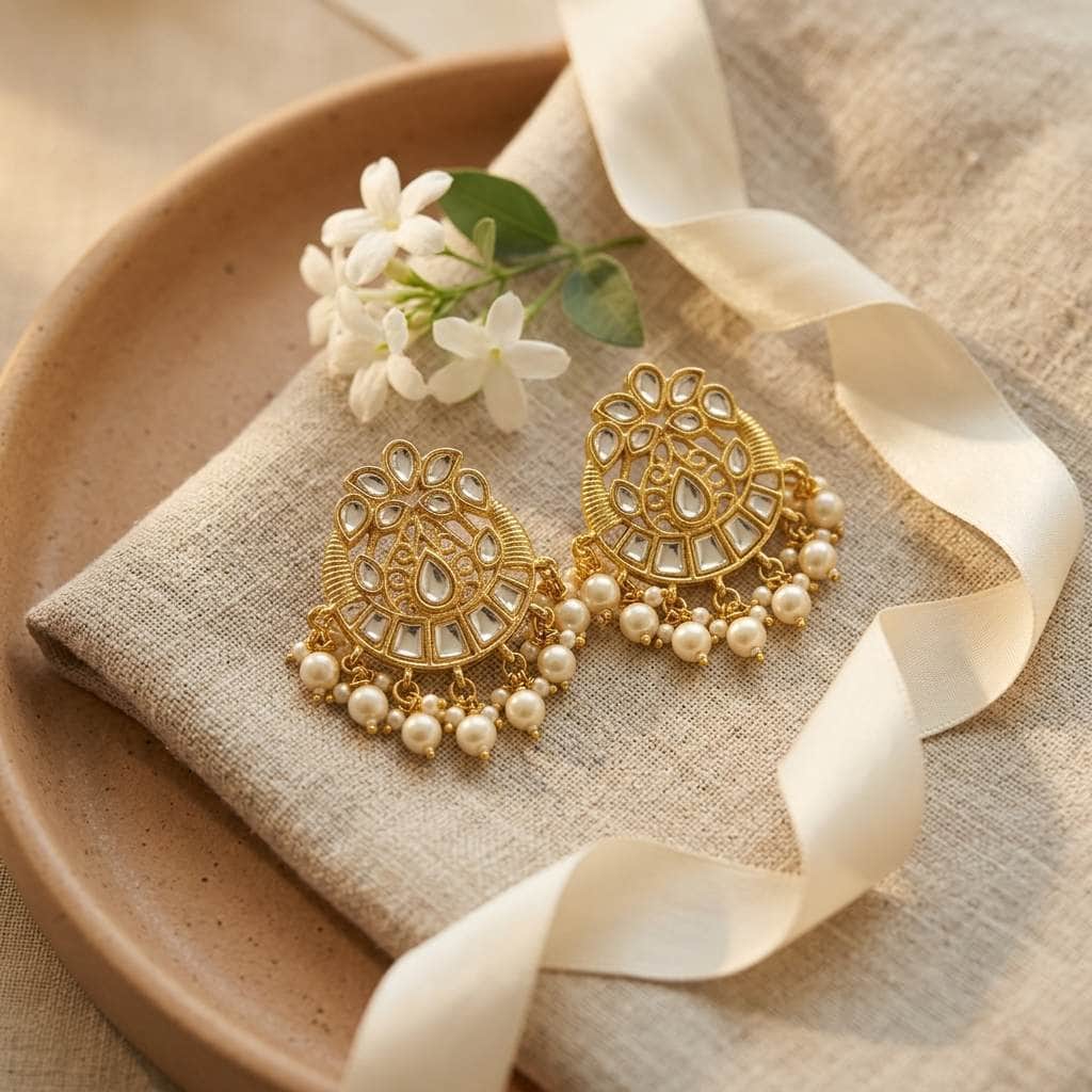 Mataari Earrings Pearl Beaded Kundan Polki Gold Tiny Small Stud Earrings
