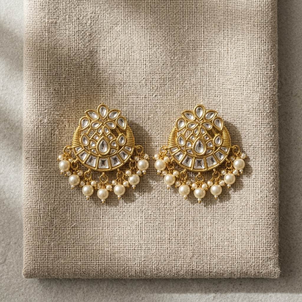 Mataari Earrings Pearl Beaded Kundan Polki Gold Tiny Small Stud Earrings