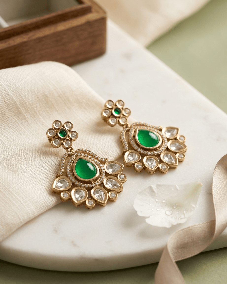 Mataari Earrings Polki Kundan Chandbali Gold Plated Emerald Dangle Moissanite Wedding Earrings