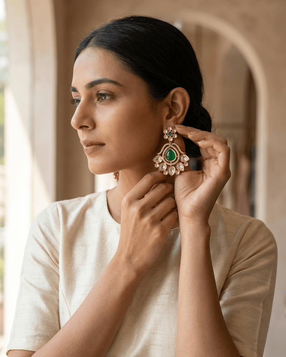 Mataari Earrings Polki Kundan Chandbali Gold Plated Emerald Dangle Moissanite Wedding Earrings