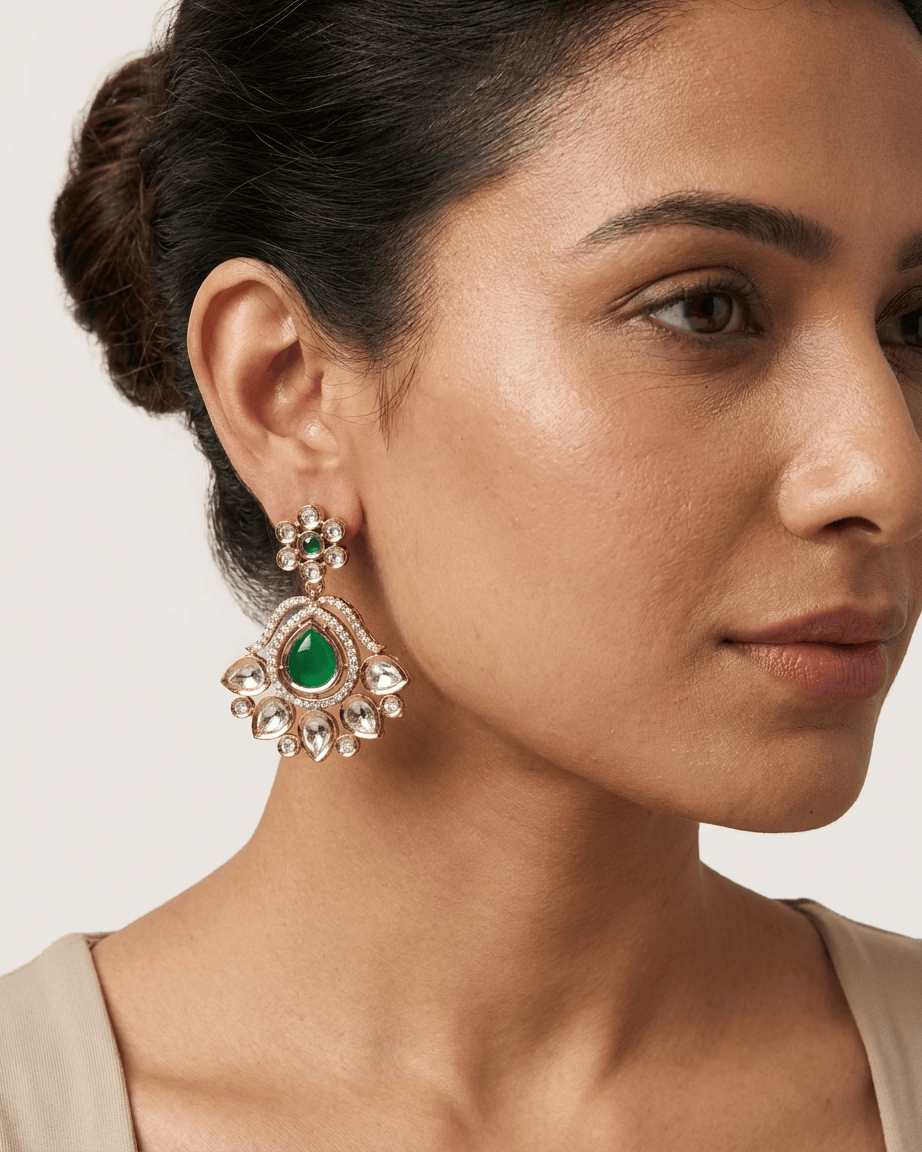 Mataari Earrings Polki Kundan Chandbali Gold Plated Emerald Dangle Moissanite Wedding Earrings