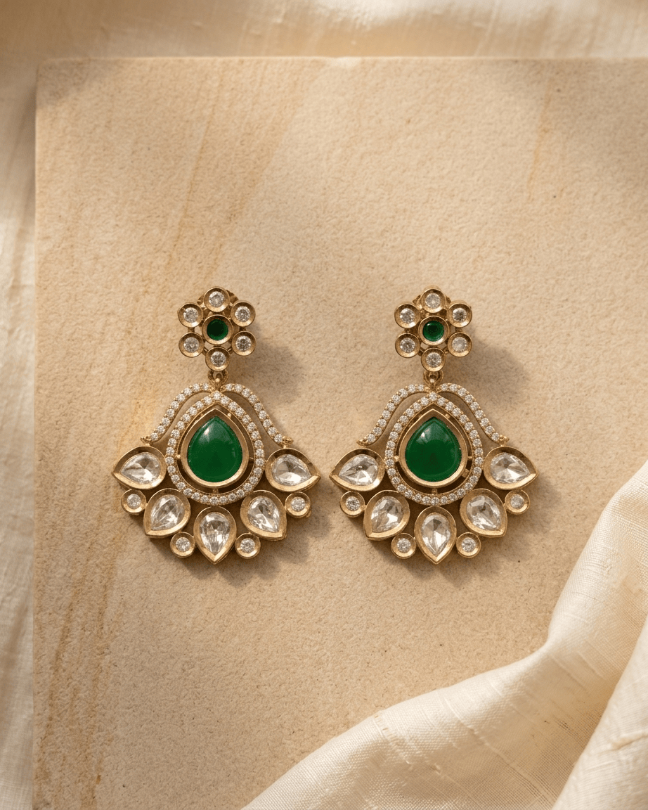 Mataari Earrings Polki Kundan Chandbali Gold Plated Emerald Dangle Moissanite Wedding Earrings
