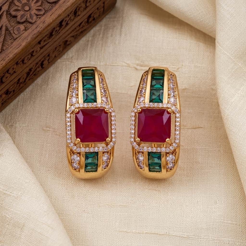 Mataari Earrings Gold Plated Crystal Baguette Moissanite Clip On Earrings with Ruby & Emerald Stones