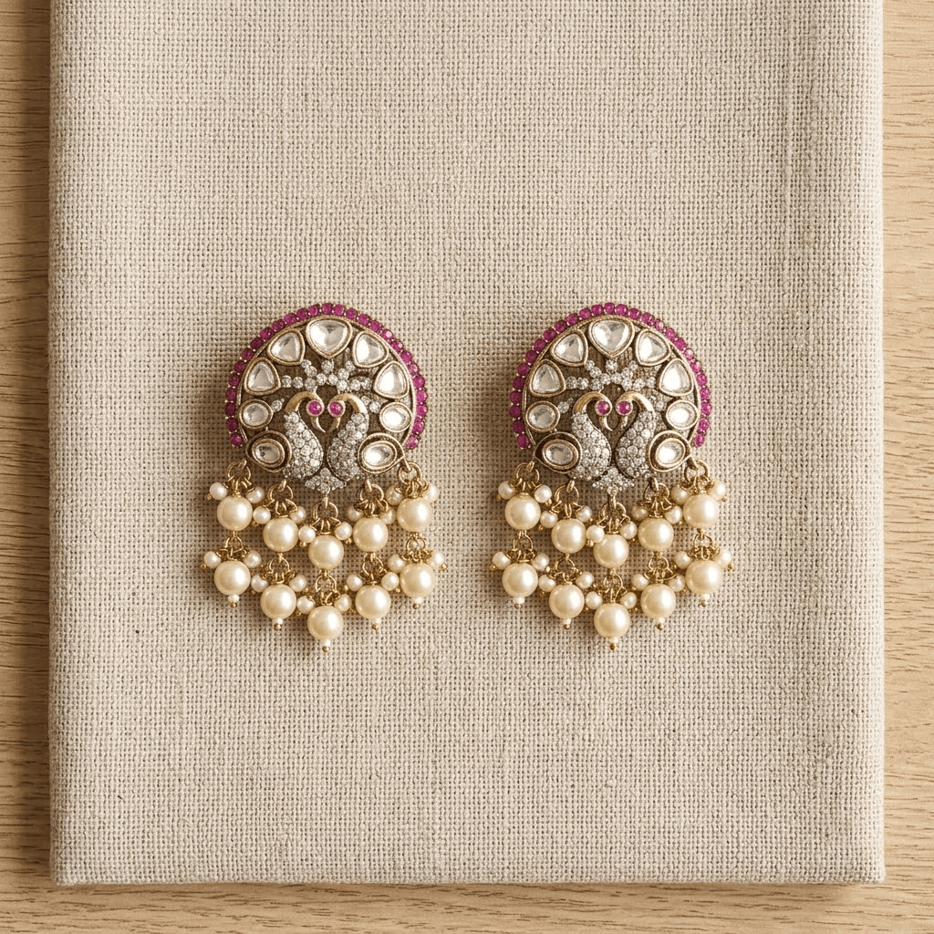 Mataari Earrings Peacock Kundan Antique Gold Polki Pearl Drop Emerald Stud Earrings