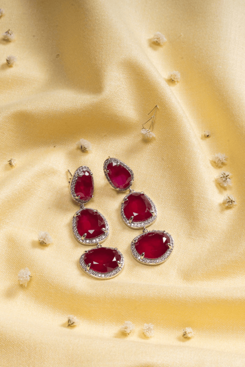 Mataari Earrings Triple Ruby Glam Drop Earrings — Bold, Elegant & Radiant