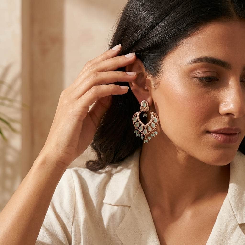 Mataari Earrings Rose Gold Crystal Cubic Zirconia Chandbali Beaded Earrings