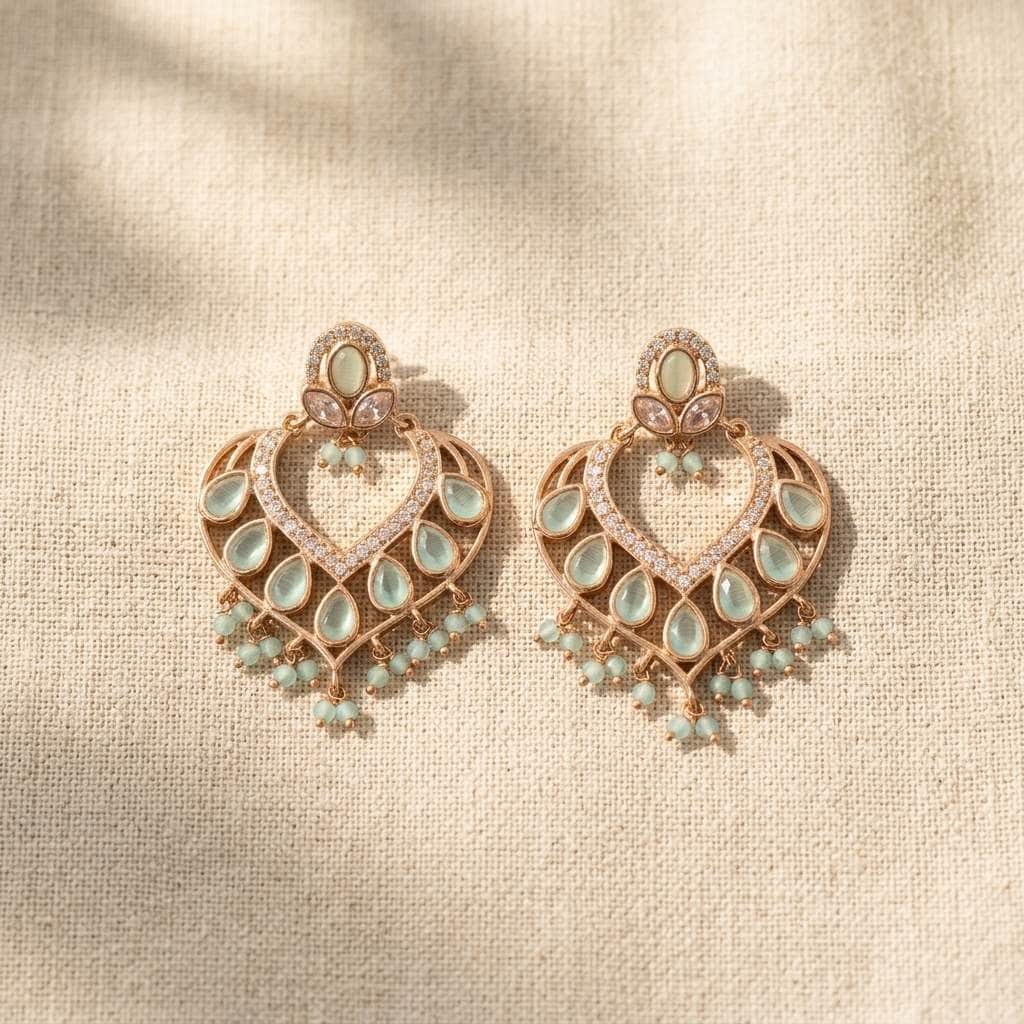 Mataari Earrings Rose Gold Crystal Cubic Zirconia Chandbali Beaded Earrings