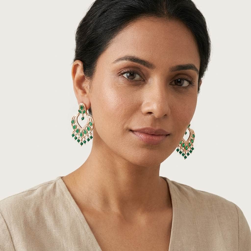 Mataari Earrings Rose Gold Crystal Cubic Zirconia Chandbali Beaded Earrings