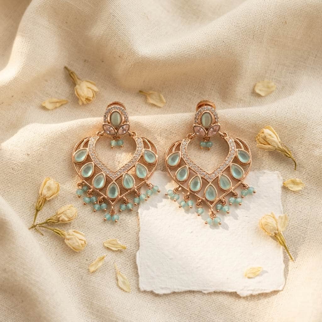 Mataari Earrings Rose Gold Crystal Cubic Zirconia Chandbali Beaded Earrings