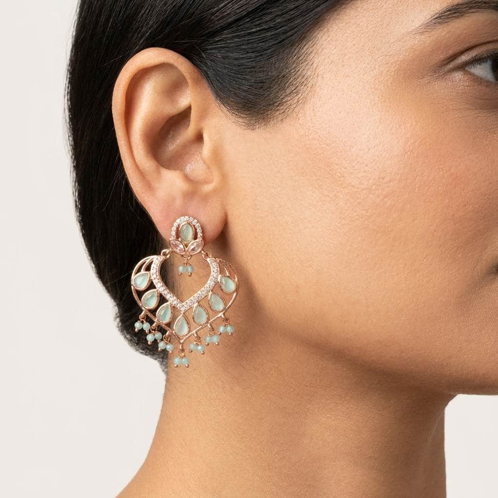 Mataari Earrings Rose Gold Crystal Cubic Zirconia Chandbali Beaded Earrings
