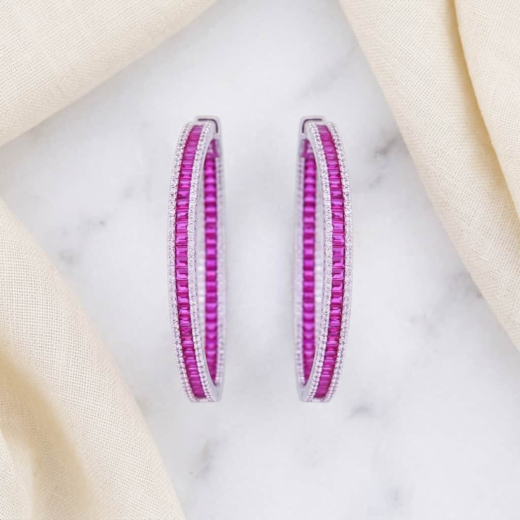 Mataari Earrings Gold & Silver Crystal Moissanite Round Hoop Bali Earrings with Ruby, Emerald & Blue Sapphire Accents