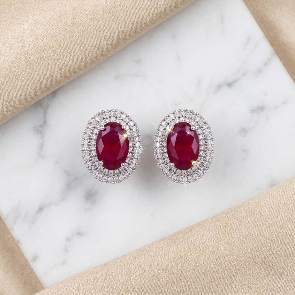 Mataari Earrings Silver Plated Crystal Moissanite Oval Stud Earrings with Black Sapphire, Ruby & Emerald Stones