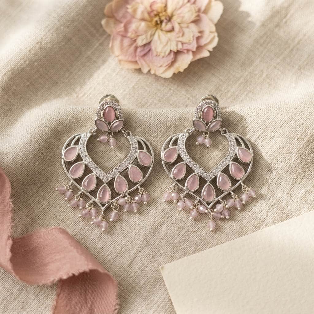 Mataari Earrings Silver Crystal Cubic Zirconia Chandbali Beaded Wedding Earrings