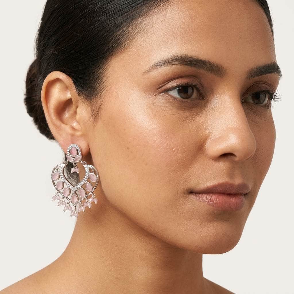 Mataari Earrings Silver Crystal Cubic Zirconia Chandbali Beaded Wedding Earrings