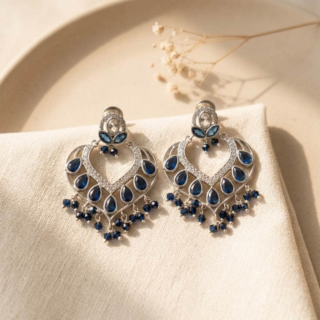 Mataari Earrings Silver Crystal Cubic Zirconia Chandbali Beaded Wedding Earrings