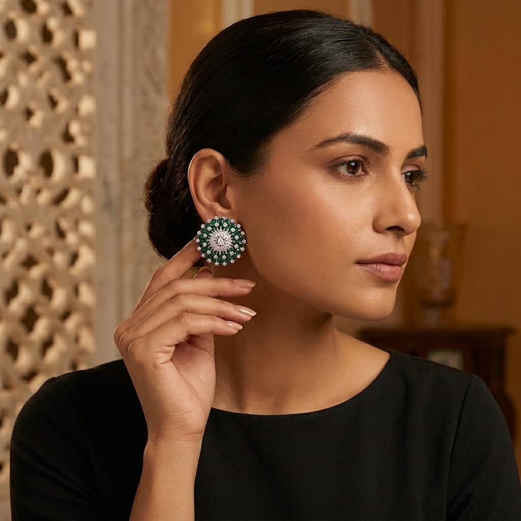 Mataari Earrings Silver Moissanite Crystal Flower Clip On Stud Earrings with Emerald & Blue Sapphire Accents