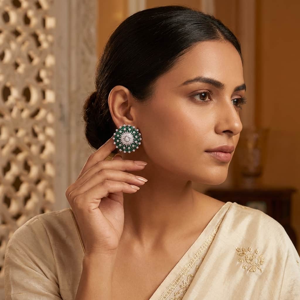 Mataari Earrings Silver Moissanite Crystal Flower Clip On Stud Earrings with Emerald & Blue Sapphire Accents