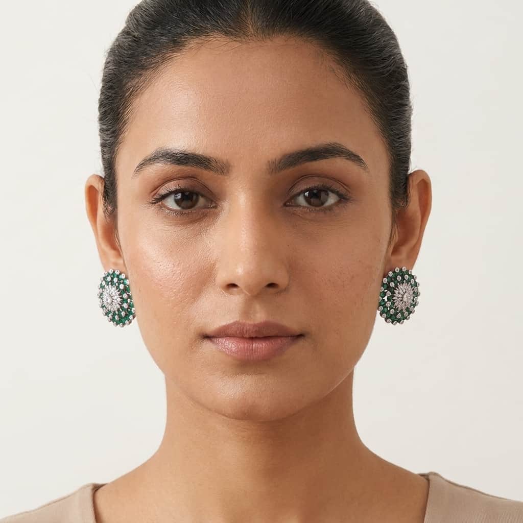Mataari Earrings Silver Moissanite Crystal Flower Clip On Stud Earrings with Emerald & Blue Sapphire Accents