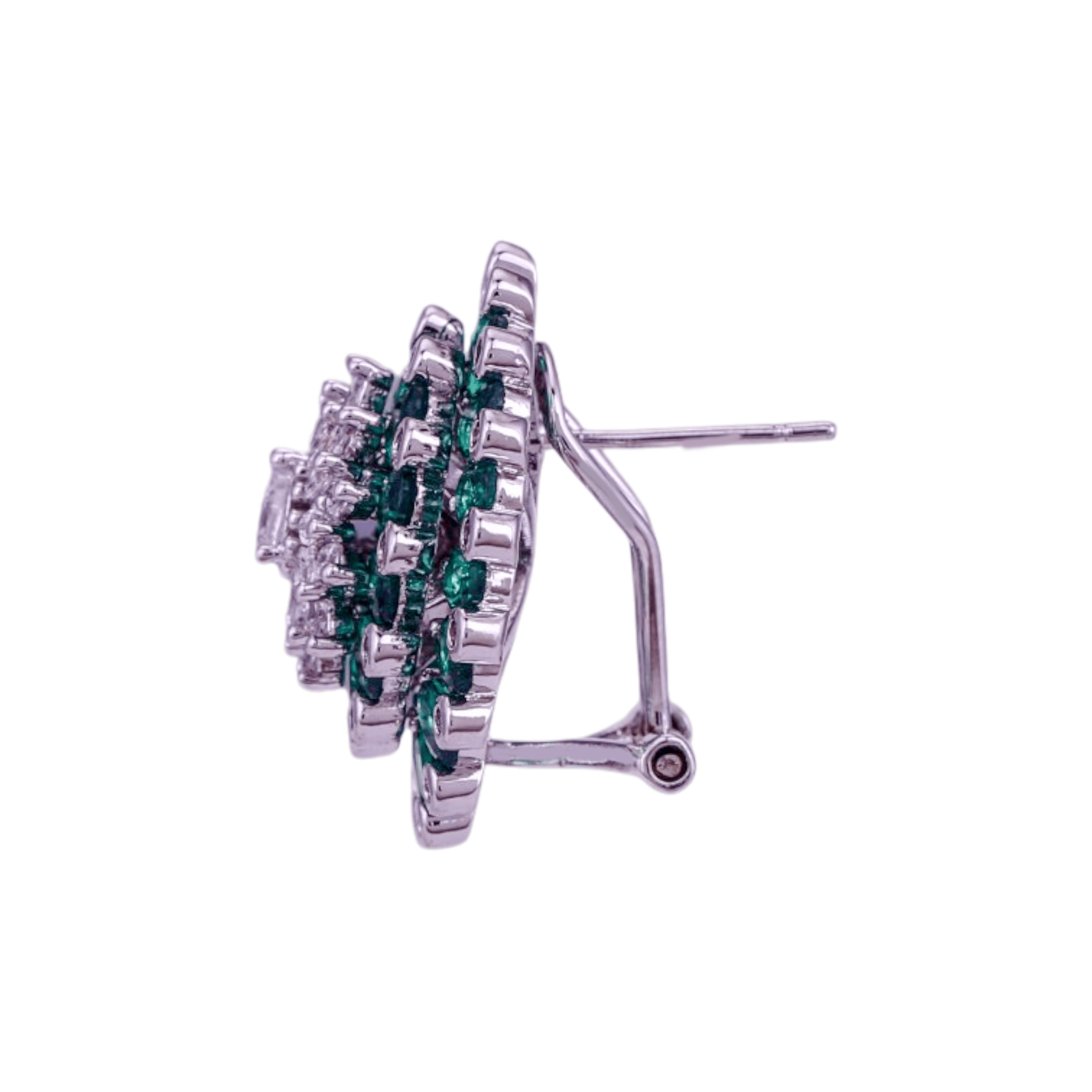Mataari Earrings Silver Moissanite Crystal Flower Clip On Stud Earrings with Emerald & Blue Sapphire Accents