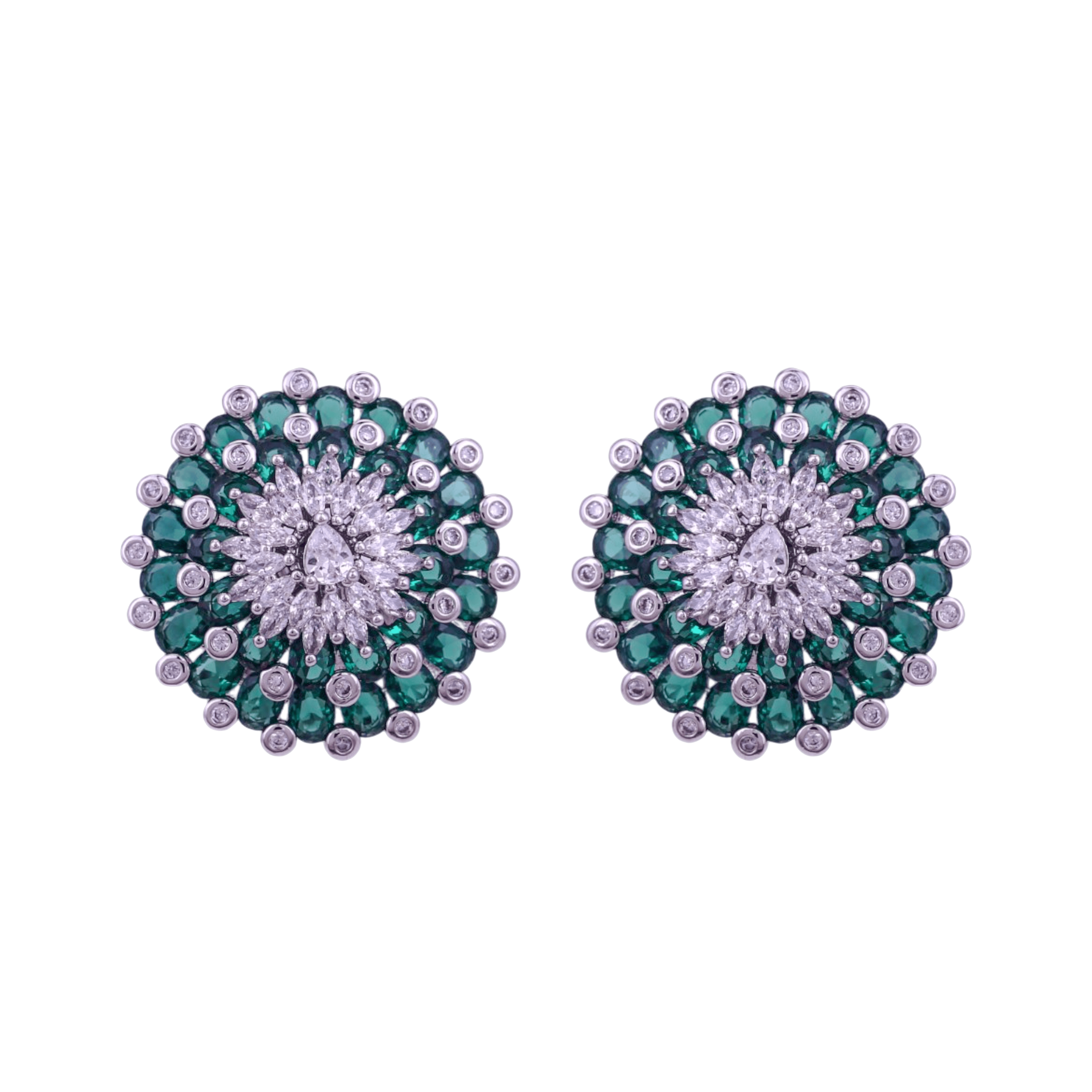 Mataari Earrings Silver Moissanite Crystal Flower Clip On Stud Earrings with Emerald & Blue Sapphire Accents
