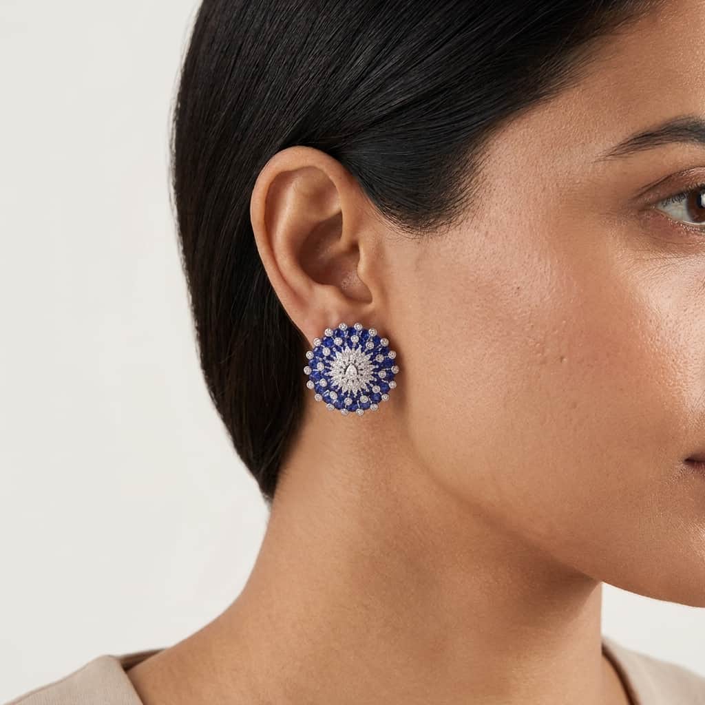 Mataari Earrings Silver Moissanite Crystal Flower Clip On Stud Earrings with Emerald & Blue Sapphire Accents
