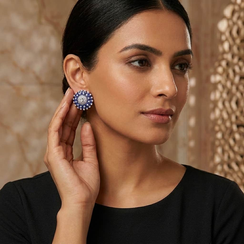 Mataari Earrings Silver Moissanite Crystal Flower Clip On Stud Earrings with Emerald & Blue Sapphire Accents