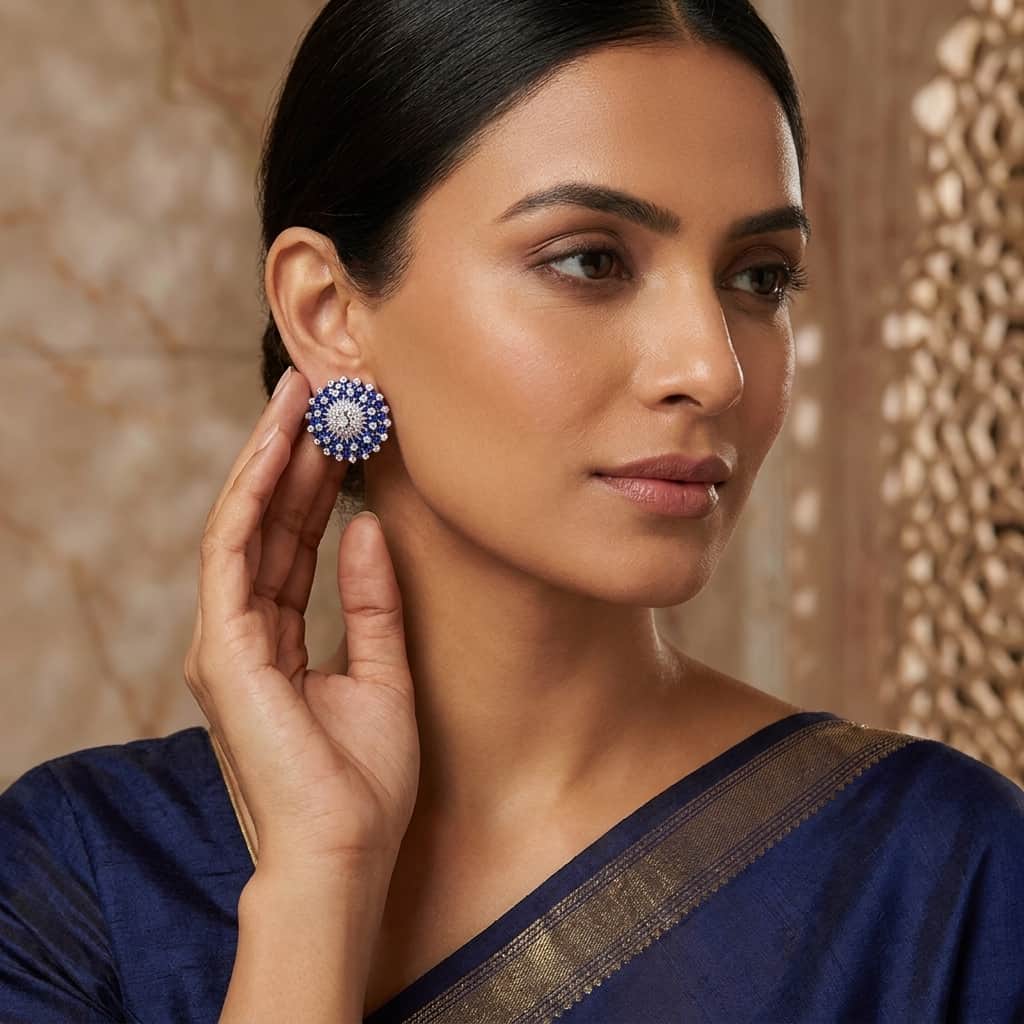 Mataari Earrings Silver Moissanite Crystal Flower Clip On Stud Earrings with Emerald & Blue Sapphire Accents