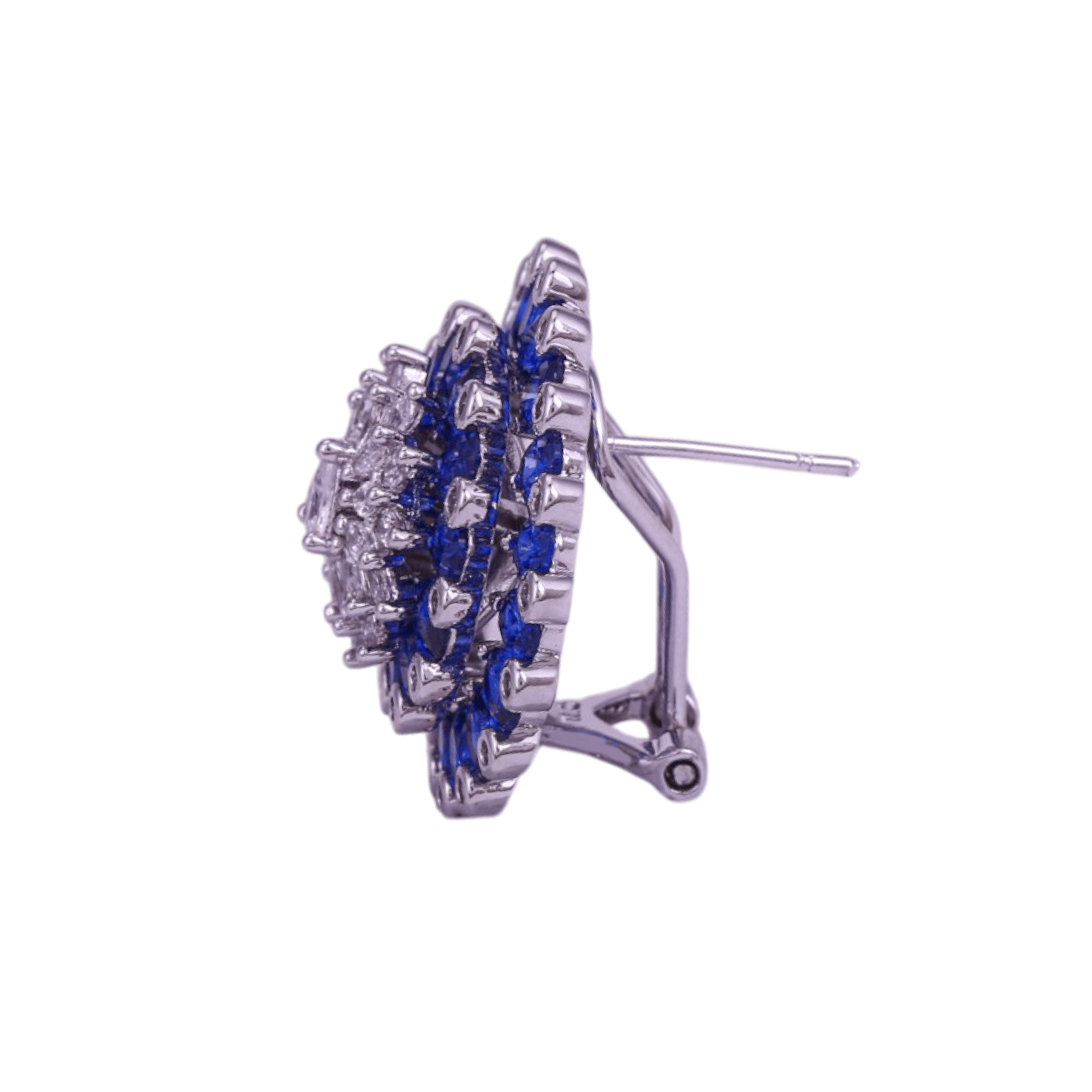 Mataari Earrings Silver Moissanite Crystal Flower Clip On Stud Earrings with Emerald & Blue Sapphire Accents